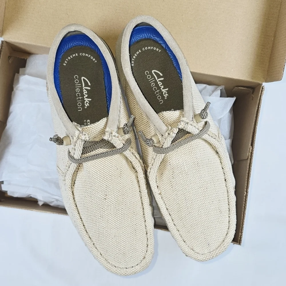 Clarks | Shacrelite Moc Toe Natural Woven Cotton Genuine Leather Suede Loafers